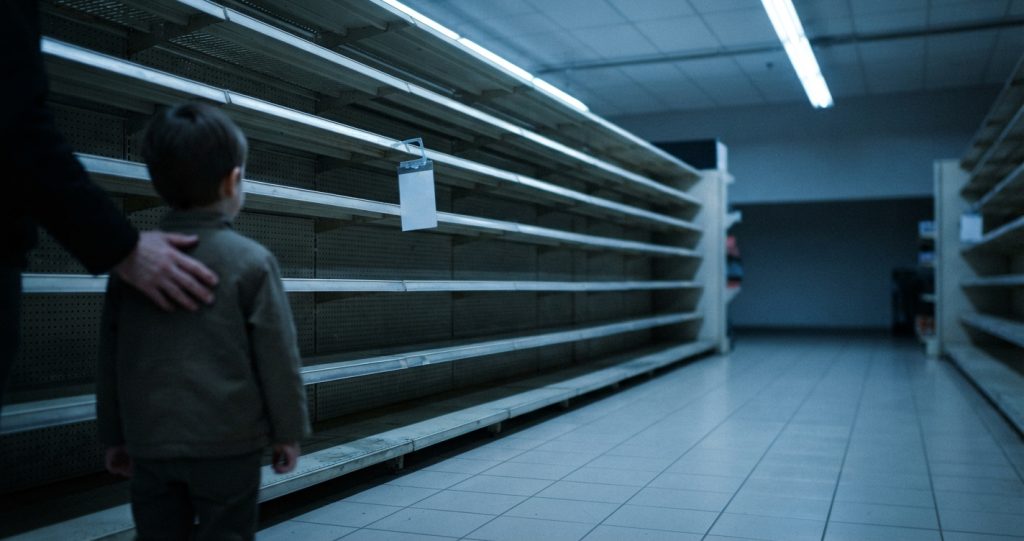 Enfant de dos devant un rayon de magasin entièrement vide, une main d'adulte posée sur son épaule, lumière froide de supermarché